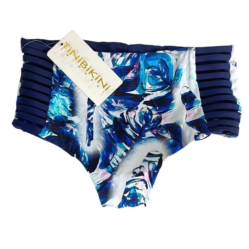 NWT Tinibikini Swim Bottoms Small Reversible Navy Blue Floral High Waisted